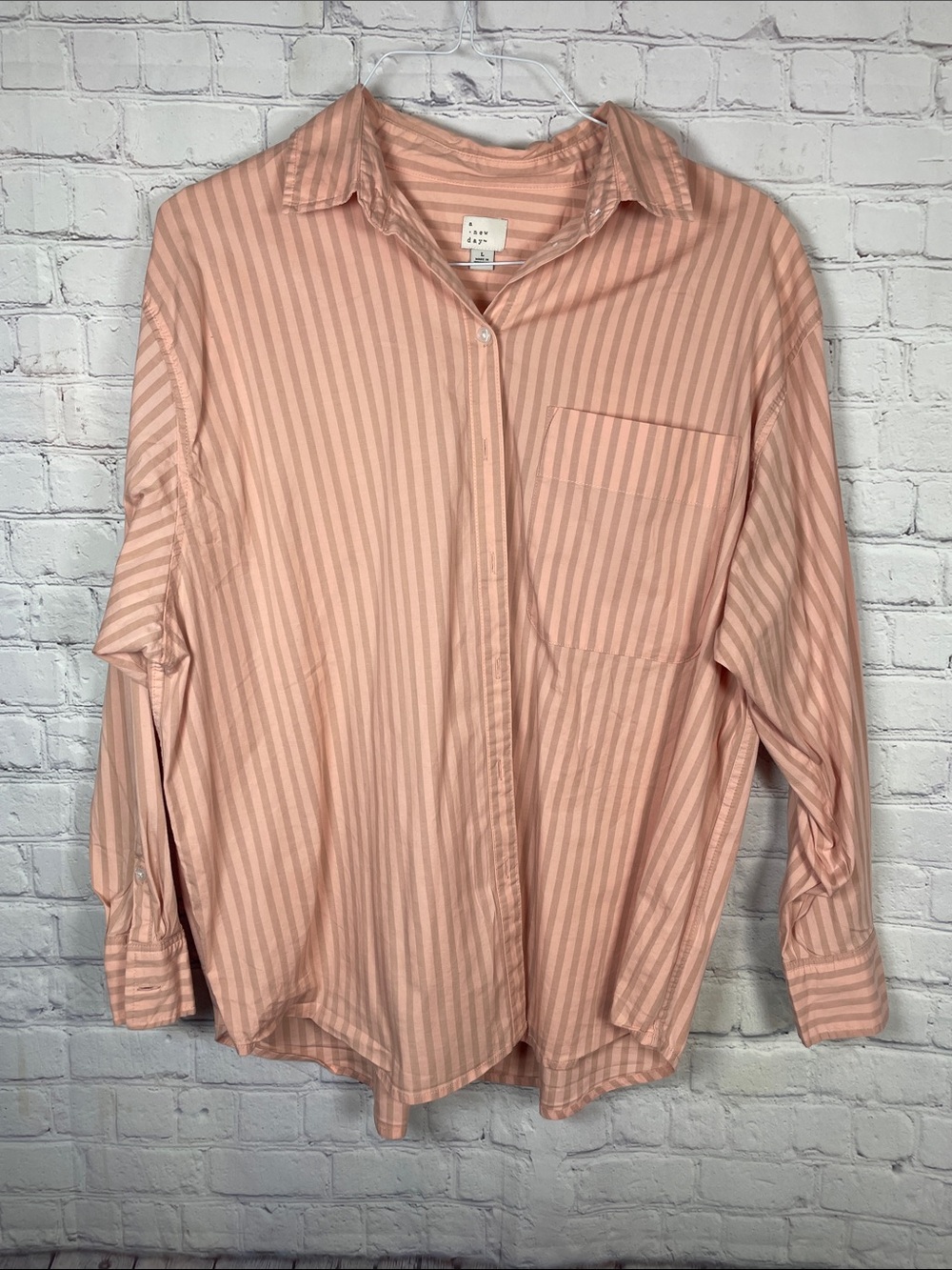 a new day Soft Pink Striped Button-Down Women Long Sleeve Casual Swing Shirt